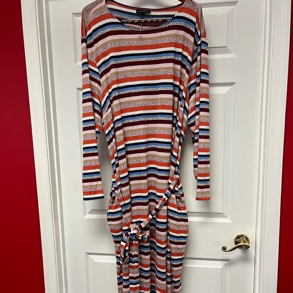Lane Bryant Multi Stripe Knit Long Sleeve Belt Tie Dress sz 34/36 NWT
